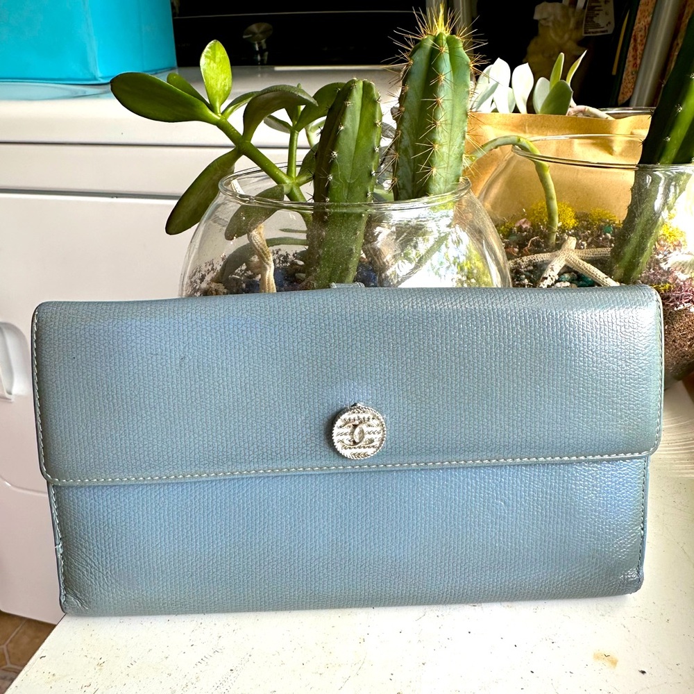 Chanel CC button long flap wallet with chain in blue grey